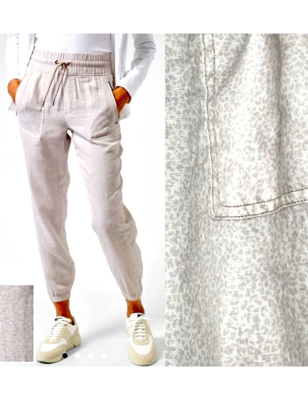 Athleta ‘Cabo’ Linen Jogger Pants Cream colored micro Leopard /cheetah Size 10